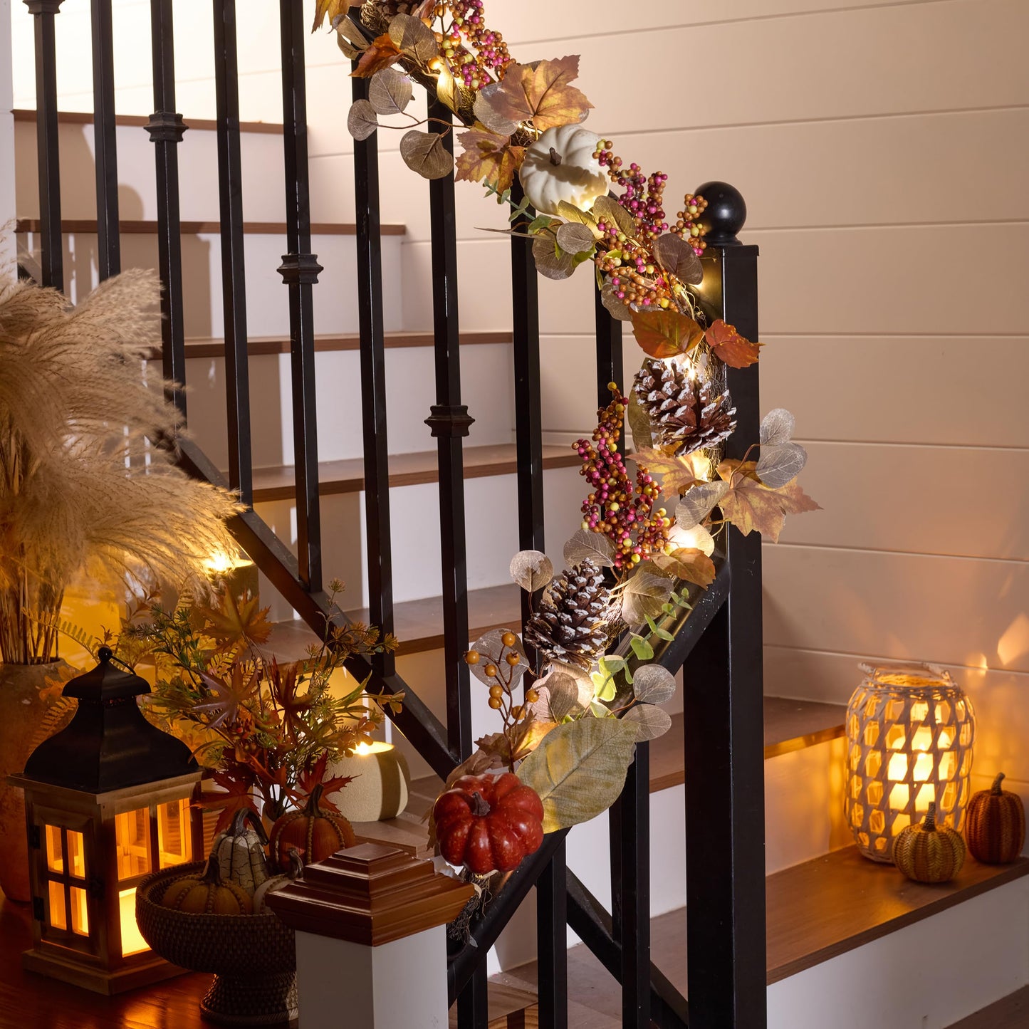 Valery Madelyn Fall Maple Leaves Garlands for Mantle, 6ft Halloween Garlands with Pumpkins Lights for Table Centerpiece, Thanksgiving Harvest Decorations for Home Mantle Fireplace Outdoor Decor-Brown