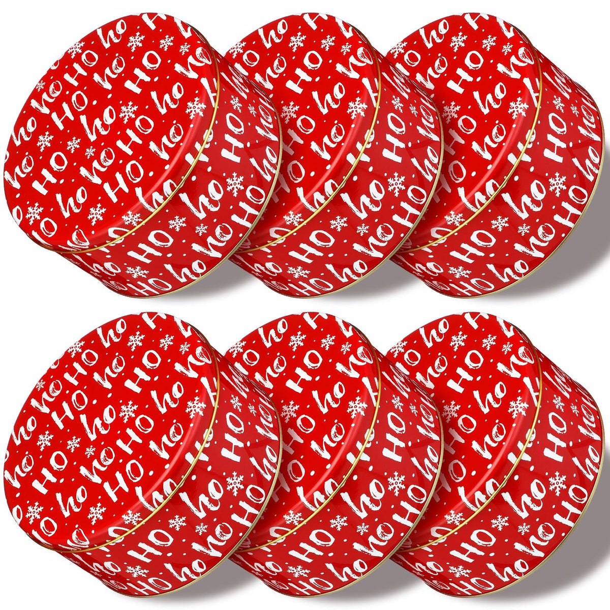 Suttmin 6 Pcs 6.6 Inch Christmas Cookie Tins with Lids Round Metal Red Snowflake Tin Containers for Gift Giving Decorative Storage Box for Holiday Baking Chocolate Snack Party Favors