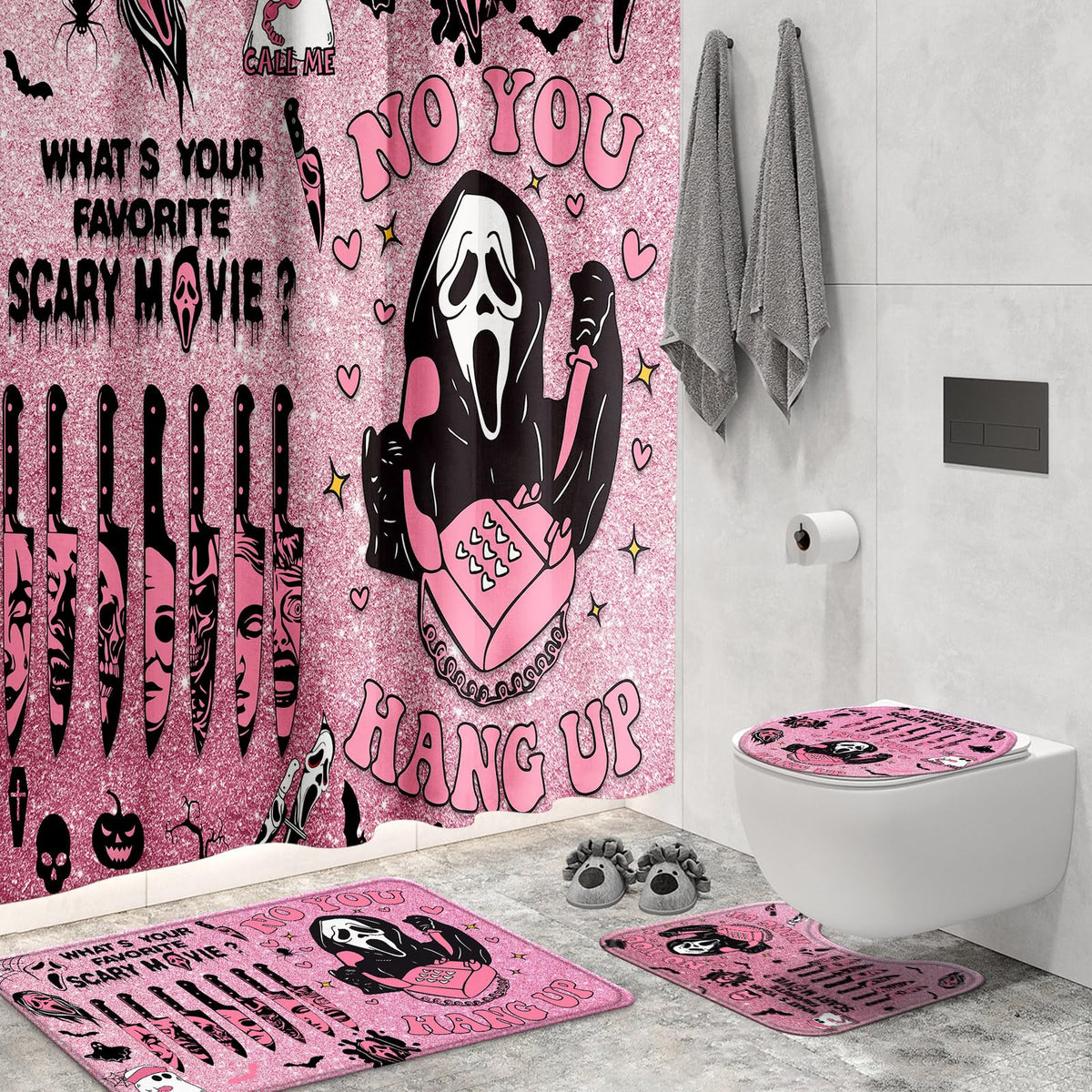 4 Pcs Pink Horror Shower Curtain Set with Rugs,Halloween Bathroom Decor