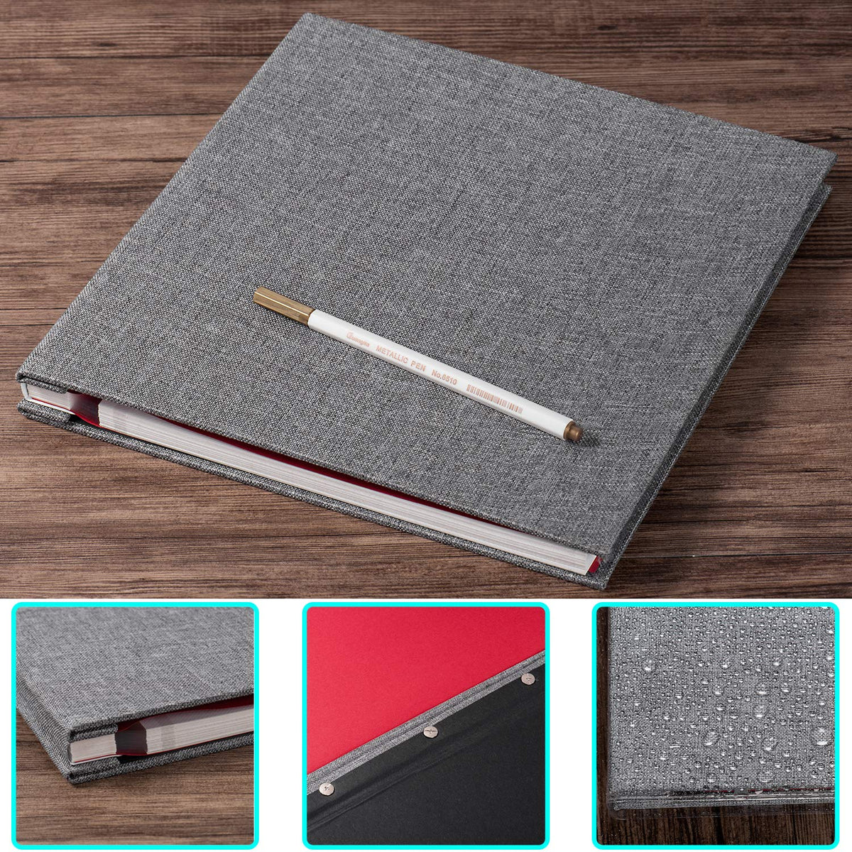 Photo Album Self Adhesive 3x5 4x6 5x7 6x8 8x10 8.5x11 11x10.6 Magnetic Scrapbook Album DIY Length 11x10.6 Inch 40 Pages Linen Cover DIY Photo Album with A Metallic Pen and and Plastic Board(Grey)