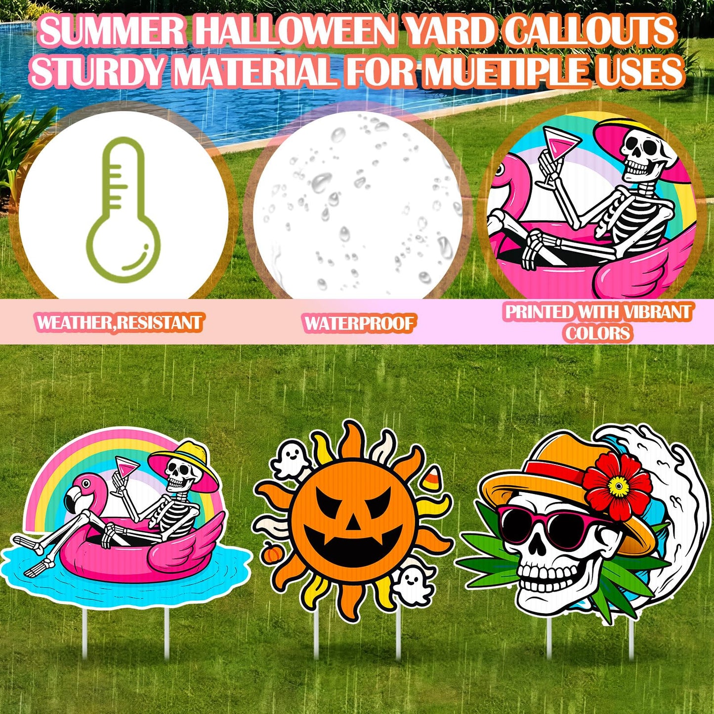 SiliFine 9 Pcs Summer Halloween Yard Decor Signs with Stakes Outdoor Plastic Lawn Decorations, Skeleton Ghost Pumpkin Beach Sand Themed for Summer Halloween Party Garden Decorations