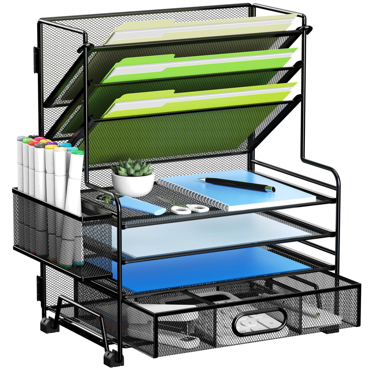 MINDEPOT 4-Tier Paper Organizer + 3-Pocket File Holder + Drawer + Pen Holders, Desktop File Organizers Paper Tray for Office Accessories School Classroom Organization (Black)