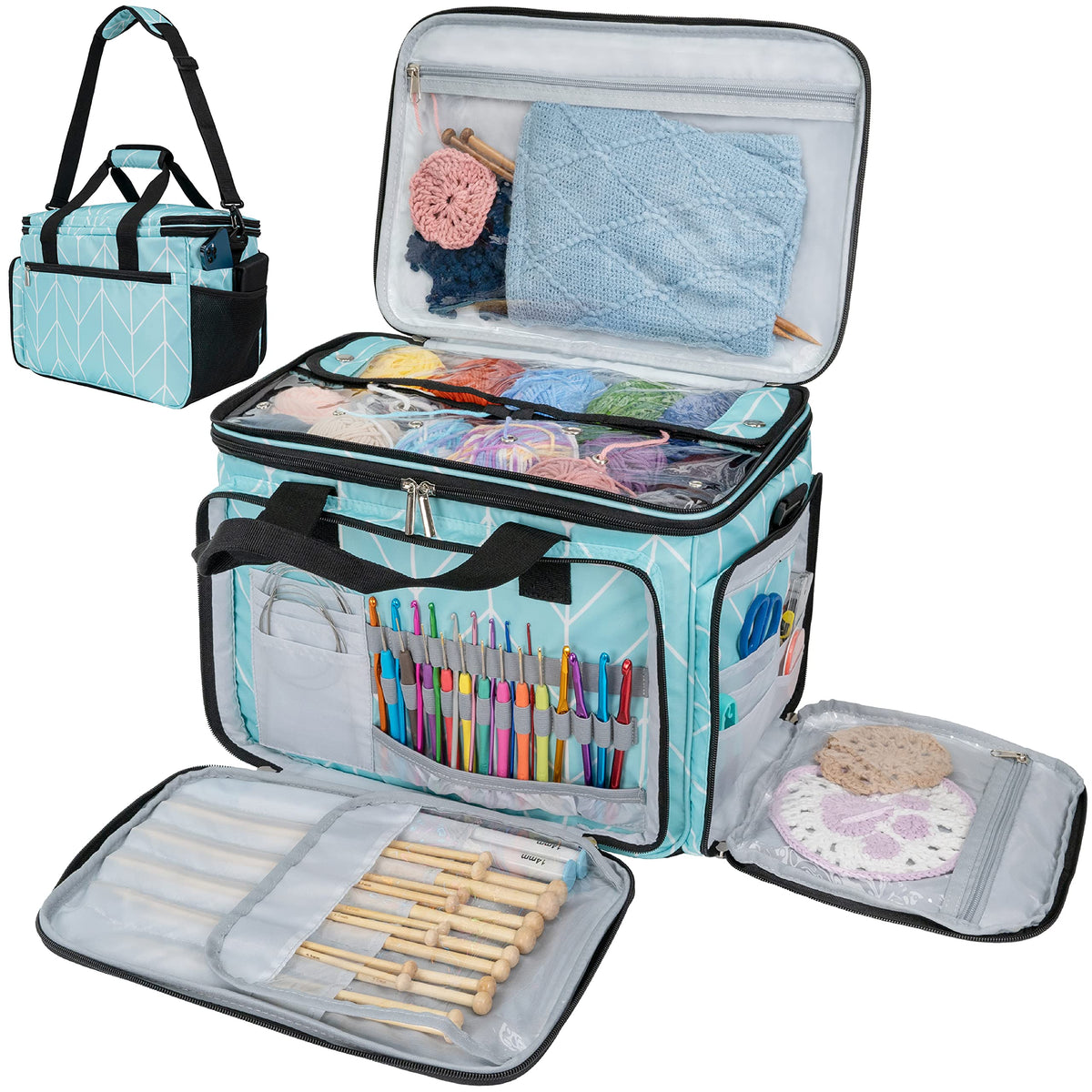 PAVILIA Knitting Bag Yarn Storage Tote, Large Crochet Organizer Bag, Yarn Storage Holder for Crocheting Knitter, Knitting Project Bag, Crochet Accessories Set, Gifts For Crochet Lovers, Chevron Teal