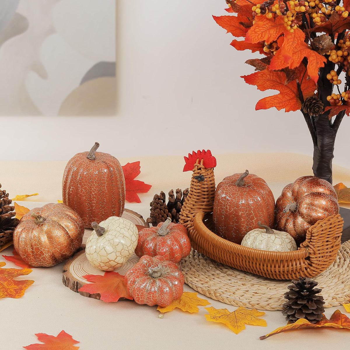 Artgar Pumpkin Decor, 8 PCS Halloween Pumpkin, Metal Cracked Design Foam Pumpkins for Halloween Thanksgiving Fall Home Table Indoor Outdoor Decorations