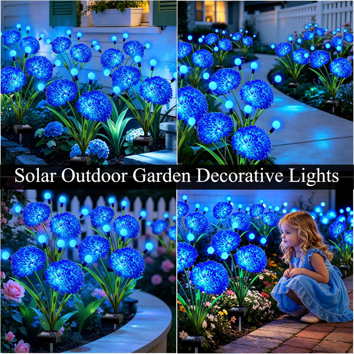 Solar Firefly Lights Outdoor Waterproof, 4 Pack Blue Solar Flowers Swaying Lights With Flowers, Flower Light Garden Decor for Outside Yard Patio Halloween Christmas, Gifts for Women Grandma