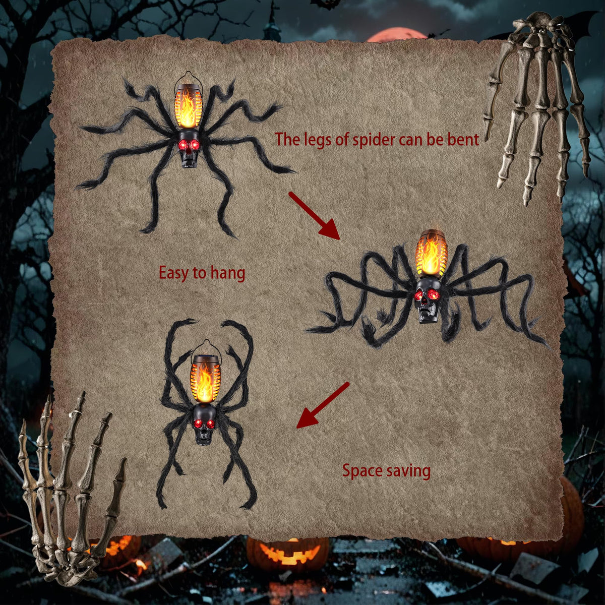 Halloween Skull Flame Light with 8 Spider Tentacles - Solar Powered Outdoor Lighting Decoration for Halloween Parties, Gardens, and Haunted Displays (Orange, 1 Pack)