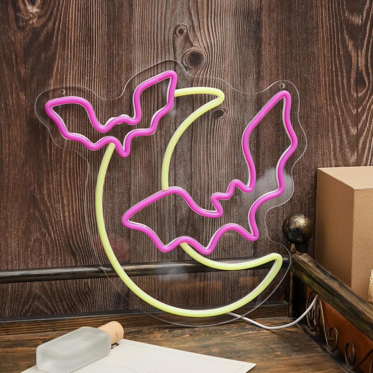 Halloween Decorations Neon Signs, Moon and Bat LED Light,Neon Light up Halloween Party, USB Powerd Gothic Neon Lamp for Festival Wall Decor, Bar, Bedroom,Living room, Wedding,Halloween