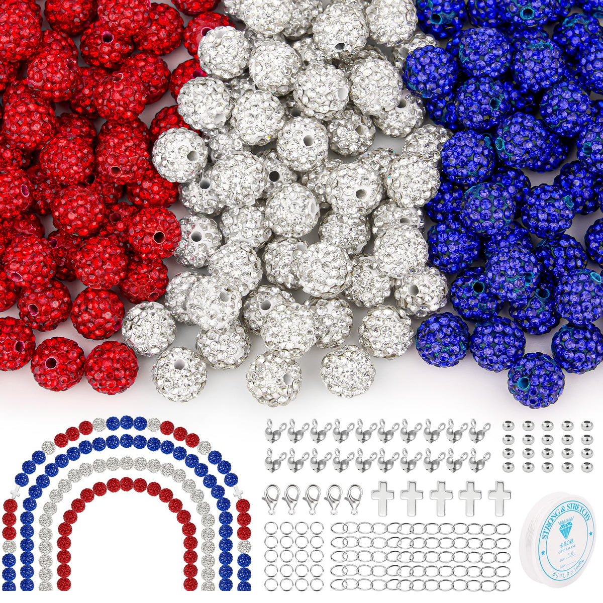 YONOVO 256Pcs 10mm Rhinestone Beads Kit for Jewelry Making, 3 Colors Round Disco Ball Sparkly Beads with Cross Charms and Accessories for DIY Baseball Necklaces Bracelets Earrings