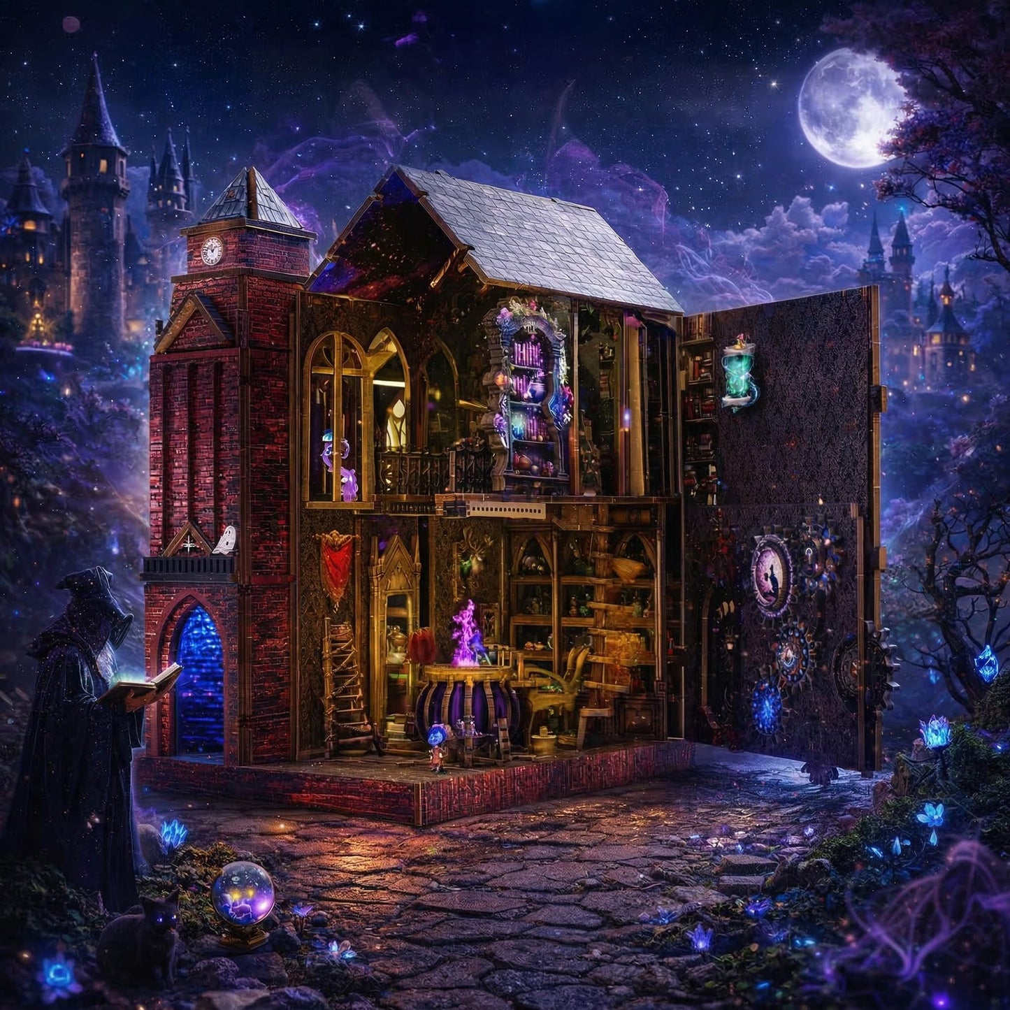 Book Nook Kit, DIY Miniature House Dollhouse Crafts Kit for Adults and Teens, Magic Castle 3D Wooden Puzzle Booknook Build Bookshelf Decor, Gifts for Family and Friends（Arcane Sprire）
