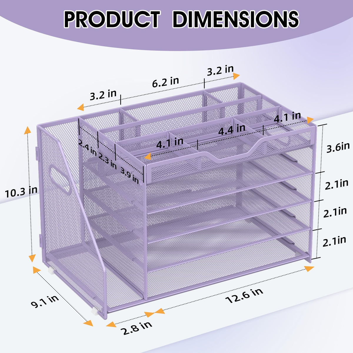 OrgMate 5 Tier Paper Letter Tray with File Holder and 3 Drop-in Pen Holders, Mesh Desk File Organizer with Handle, Desk Organizers and Accessories for School,Home, Office Supplies Storage-Purple