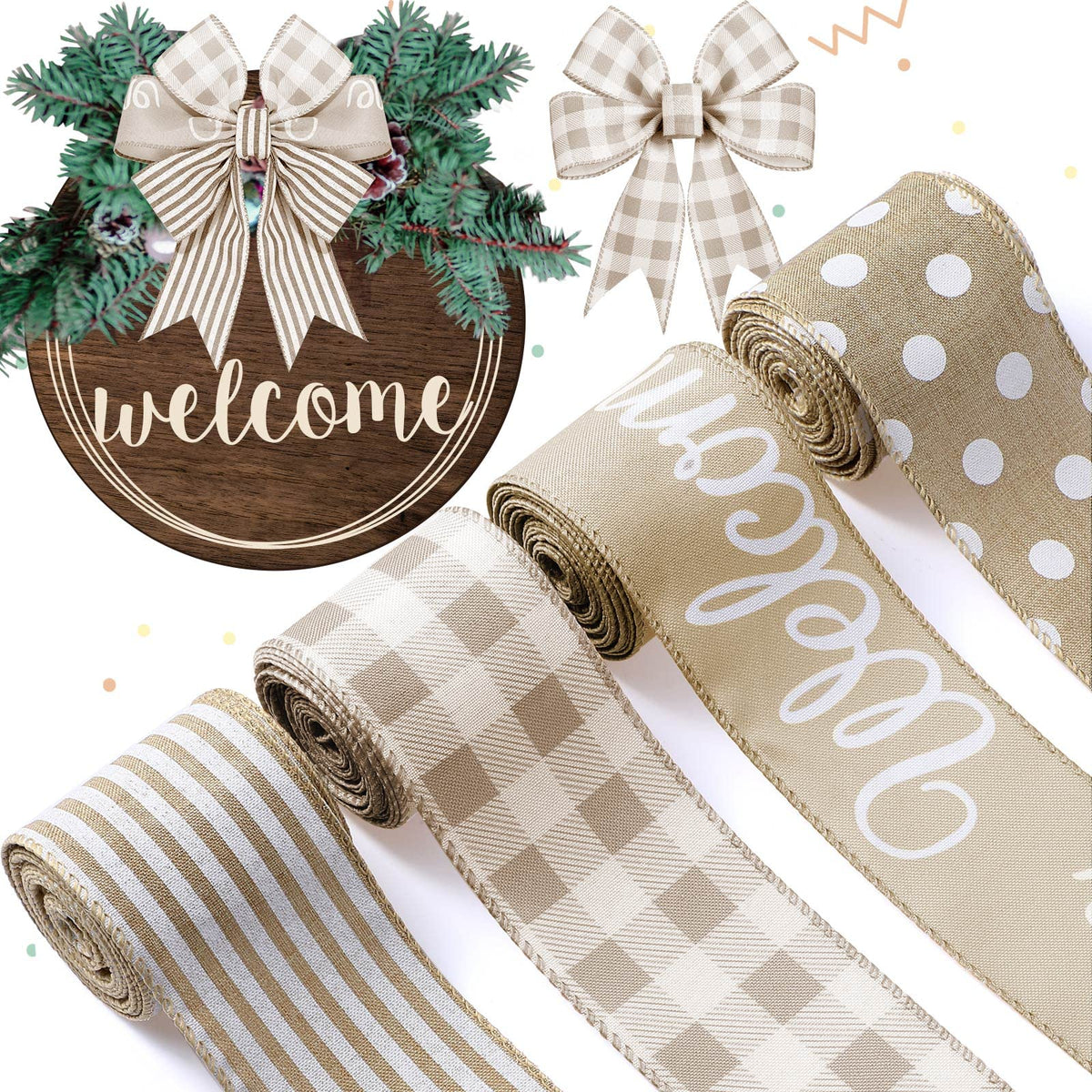 20 Yards Farmhouse Ribbon 4 Rolls Welcome Stripe Dot Buffalo Plaid Wired Ribbon Rustic Polyester for Summer Wreaths Assorted DIY Present Wrapping Floral Bow Craft Deco(Natural)