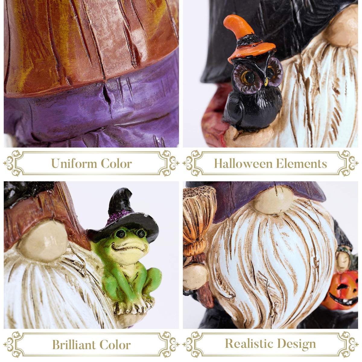 Valery Madelyn Gnomes Halloween Decorations Indoor, 3 Pcs Resin Gnome Decor for Home with Bat Witch Hat, Halloween Figurines Elf Dwarf with Broom Jack O Lantern for Table Tiered Tray Outdoor, 6.1"