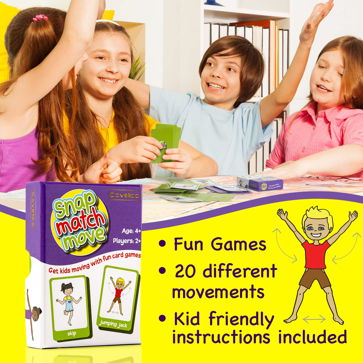 Covelico Kids Exercise Cards & Dice Set – 52 Activity Cards & 3 Foam Dice, Recess Toys, PE Equipment, Gross Motor Games for Kids 3–5, Indoor & Outdoor
