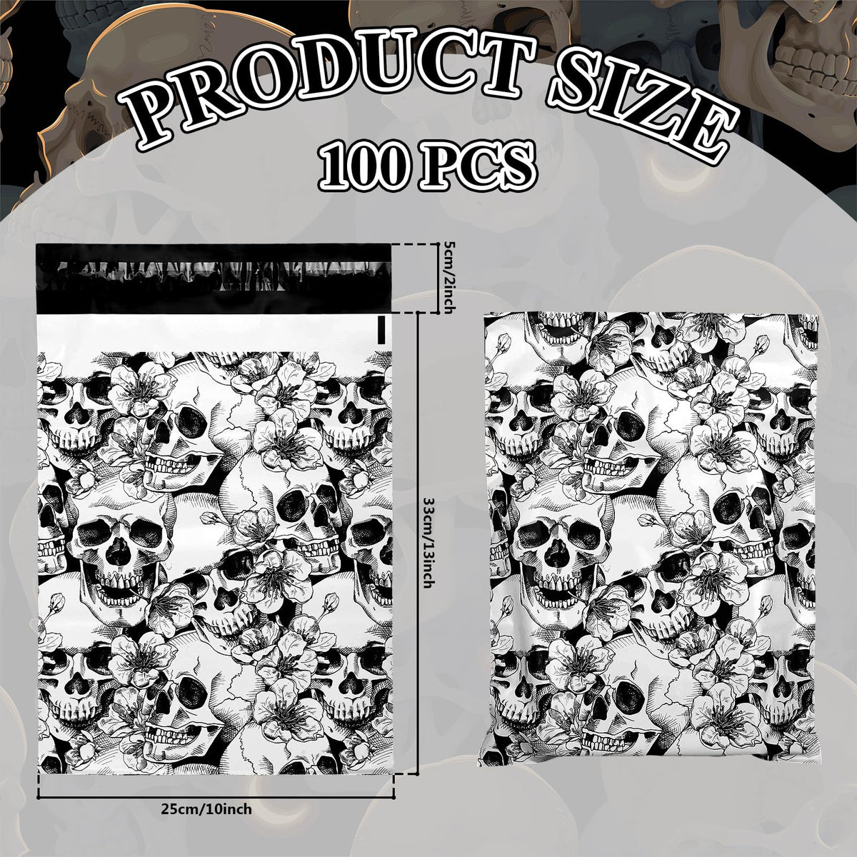 JarThenaAMCS 100Pcs Halloween Skull Poly Mailers 10 x 13 Inch Packaging Bags Self Seal Mailing Envelope Bags for Small Business Clothing Gift