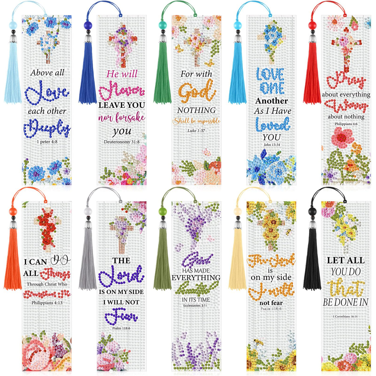 Sinload 10 Pcs Christian Bible Verse Diamond Art Bookmark for Adults Christian Diamond Bookmarks with Tassels 5d Watercolor Floral Cross Bookmarks for Reading Lover DIY Crafts Religious Gifts