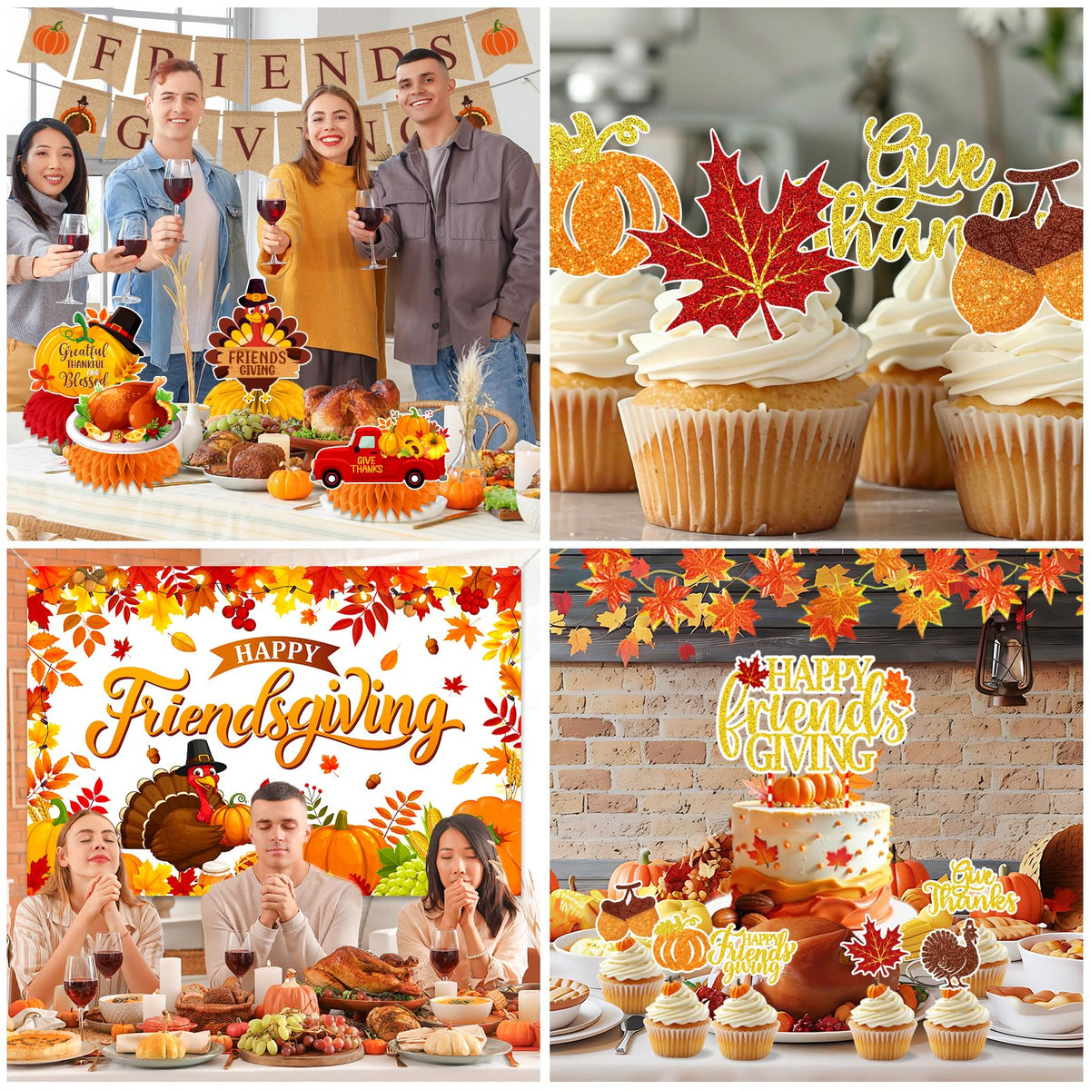 Friendsgiving Decorations - Autumn Thanksgiving Party Supplies Include Happy Friendgiving Backdrop,Honeycomb Centerpiece,Pom Poms and Pumpkin Balloons