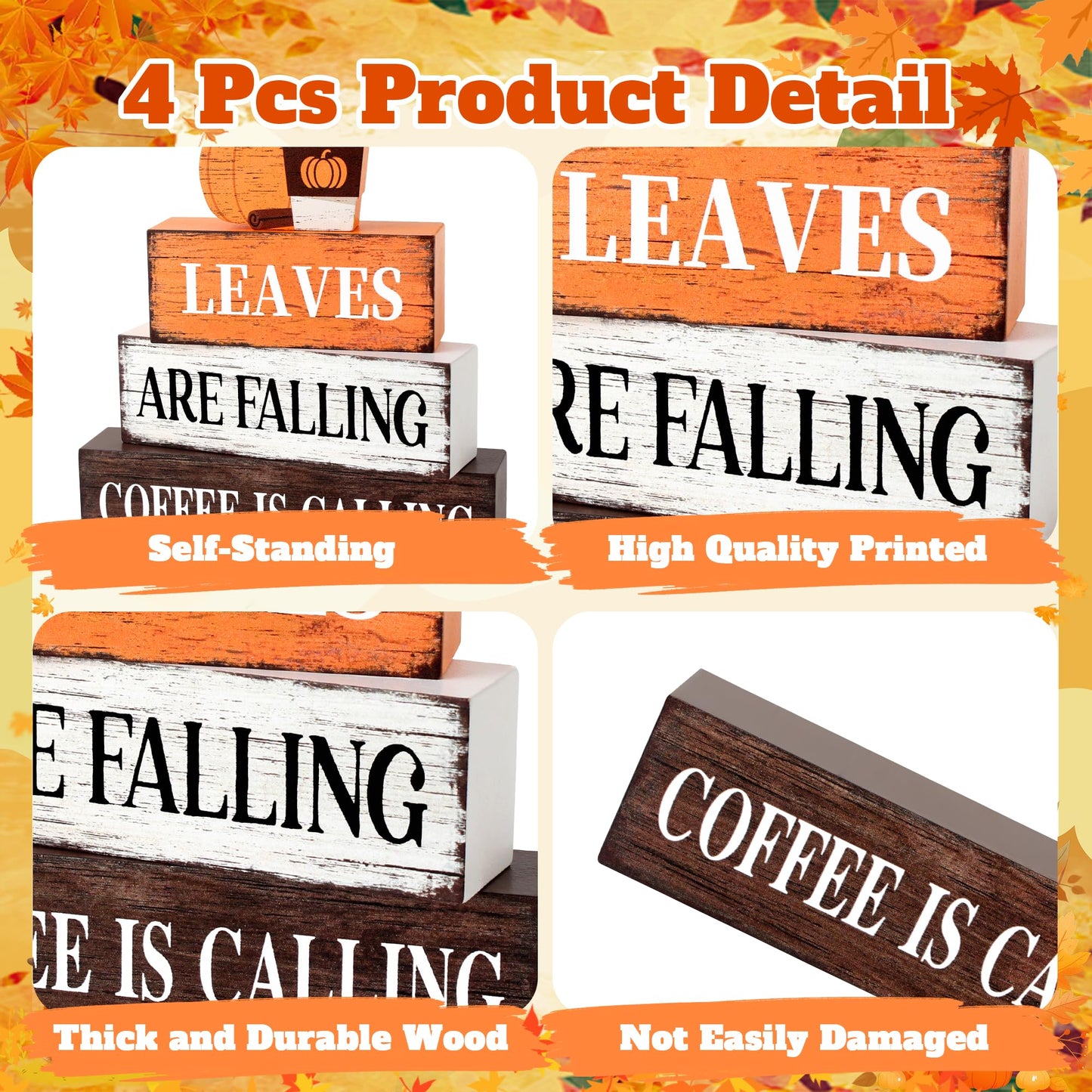 4 Pcs Fall Decor Wooden Tiered Tray Decor, Pumpkin Coffee Fall Decorations Gifts for Home, Autumn Thanksgiving Table Centerpiece for Autumn Harvest Party Kitchen