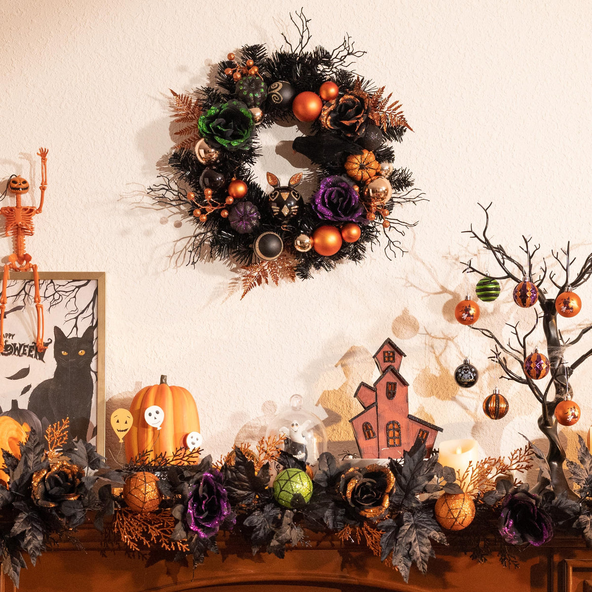 Valery Madelyn 18 Inch Halloween Wreath with Lights for Front Door, Collapsible Pre-Lit Wreath with Fake Crow Pumpkin Halloween Decorations for Home Wall Decor
