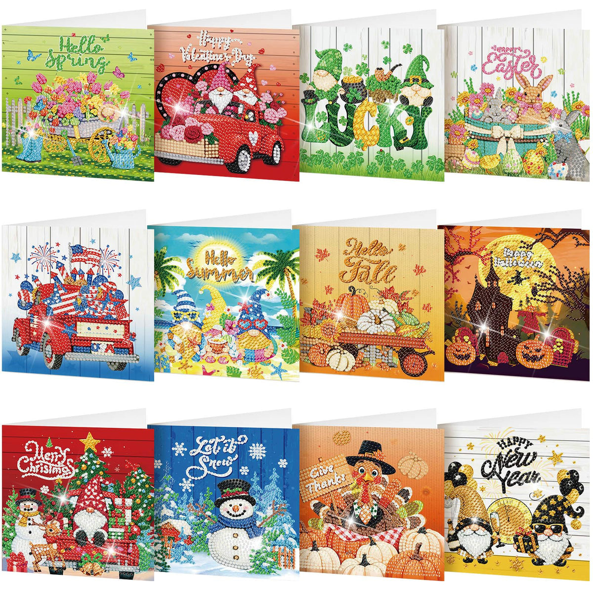 Saillong 12 Pack Holiday Diamond Painting Greeting Card Kit Seasonal Diamond Art Cards with Envelopes Summer Patriotic 5D Rhinestones Painting Making Kit for Adult DIY Craft Family Friend Holiday Gift