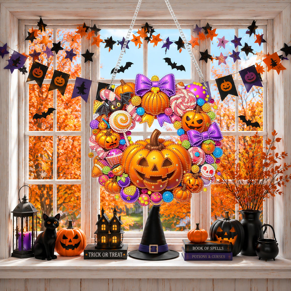 Eiflow Diamond Art Hanging Kit for Adults Candy Pumpkin, DIY Diamonds Pearl Painting Door Hanger Board Kit, Special Crystal Diamond Art Painting Pendant Ornament (Halloween Wreath)