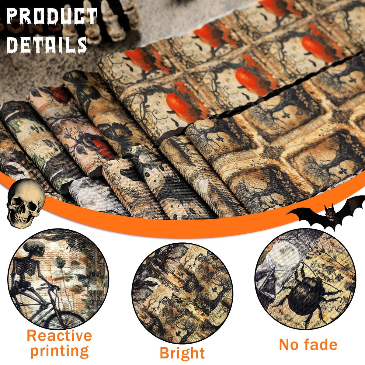 Hosuly 40 Pcs Vintage Halloween Fabric Gothic Fabric Skeleton Crow Butterfly Rose Heart Quilting Patchwork Roll Black Halloween Quilting Strips 2.55 Inch Precut for Sewing Material DIY Crafts