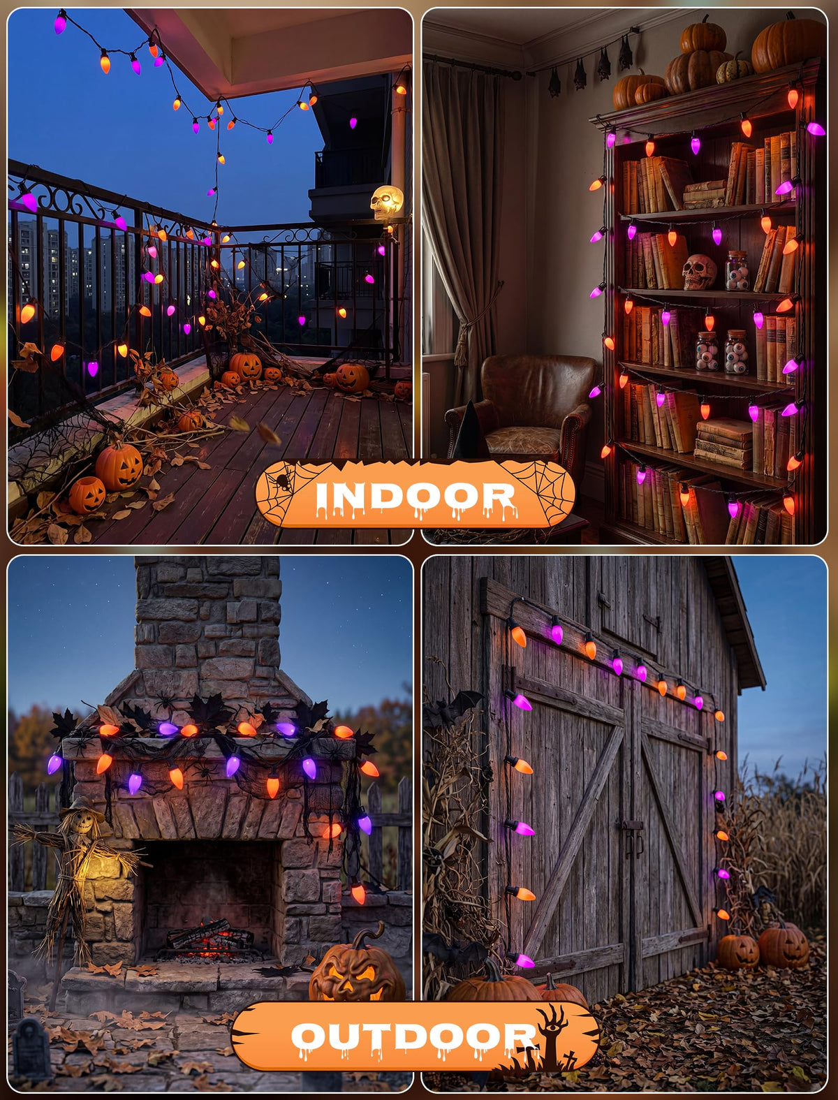 Romasaty Purple and Orange Halloween Lights, 26FT 50 Count Halloween C7 LED String Lights for Indoor/Outdoor Use, Purple Orange Lights for Patio Home Party Garden Yard-Black Wire