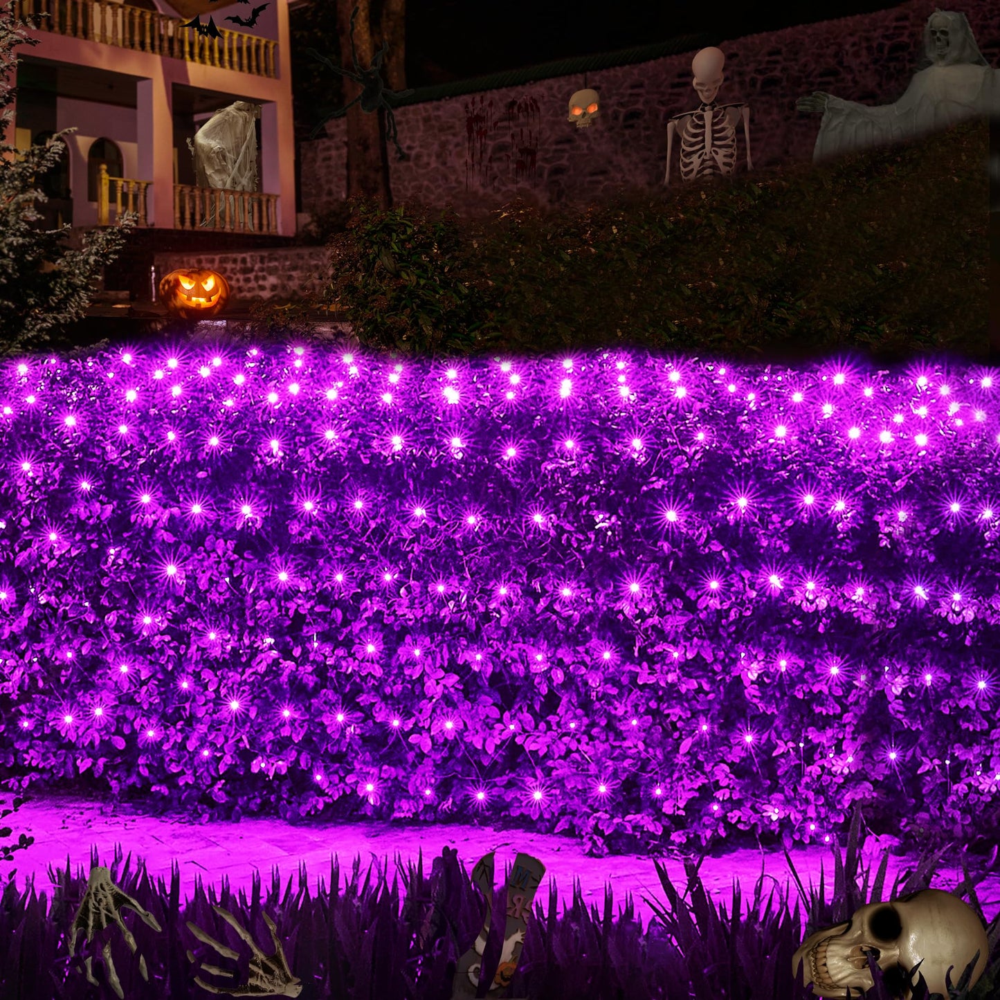 WBao Halloween Lights Outdoor 360LED 11.5ft x 6.9ft Halloween Net Lights with 8 Modes, Timer, Connectable, Waterproof & Dark Green Wire for Lawn, Bushes, Shrubs Outdoor Holiday Decorations, Purple