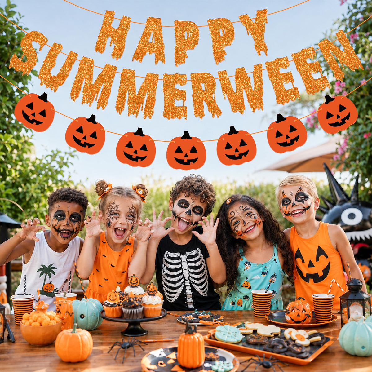 Happy Summerween Banner, Pre-Strung Summerween Party Decorations Glitter Summer Ween Hanging Banner Pumpkins Garland Halloween in Summer Decor Spooky Birthday Party Supplies for Home Office