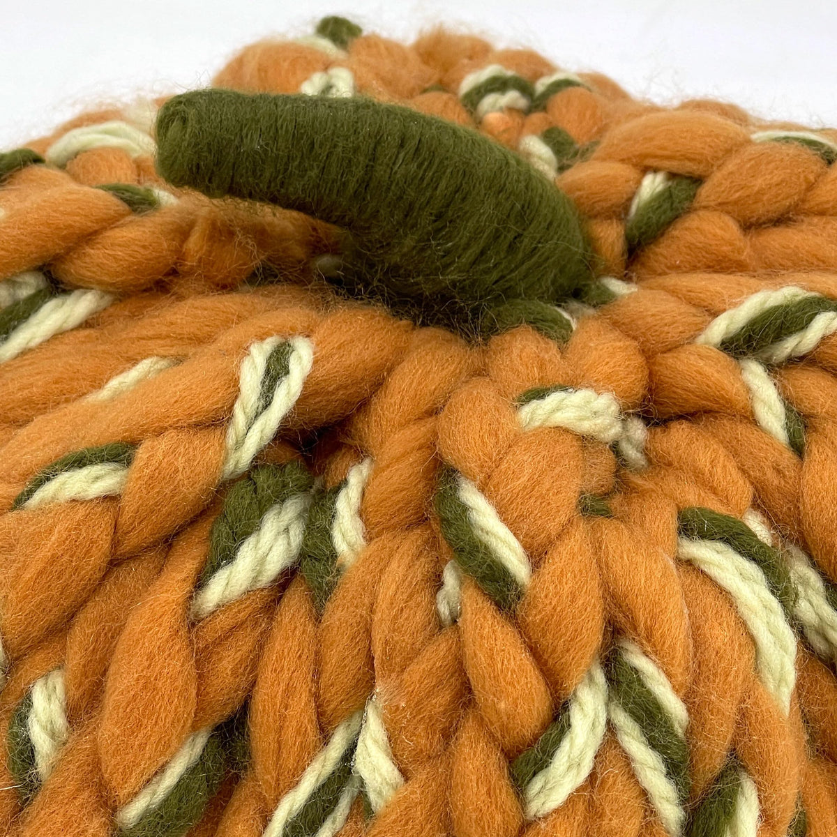 Galt International Chunky Yarn Woven Pumpkin Handmade Indoor Thanksgiving Harvest Decoration 9" Fall Autumn Home Decor Orange Green Cream Tabletop Coffeetable Mantle Dining Table Braided