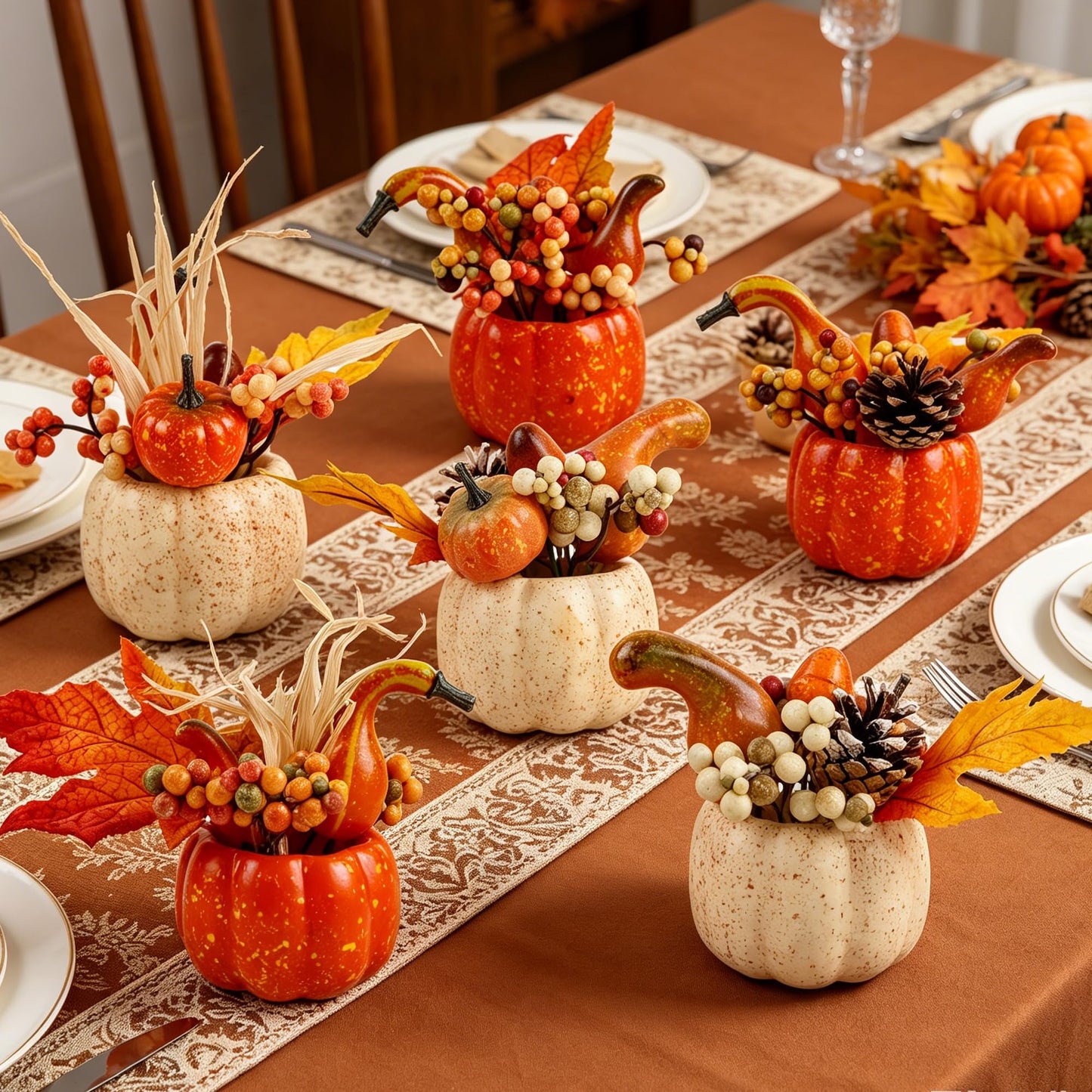 winemana Fall Decorations for Home - Set of 6 Artificial Pumpkin, Berry & Pine Cone Table Centerpiece for Office, Thanksgiving, Bathroom Kitchen Autumn Decor