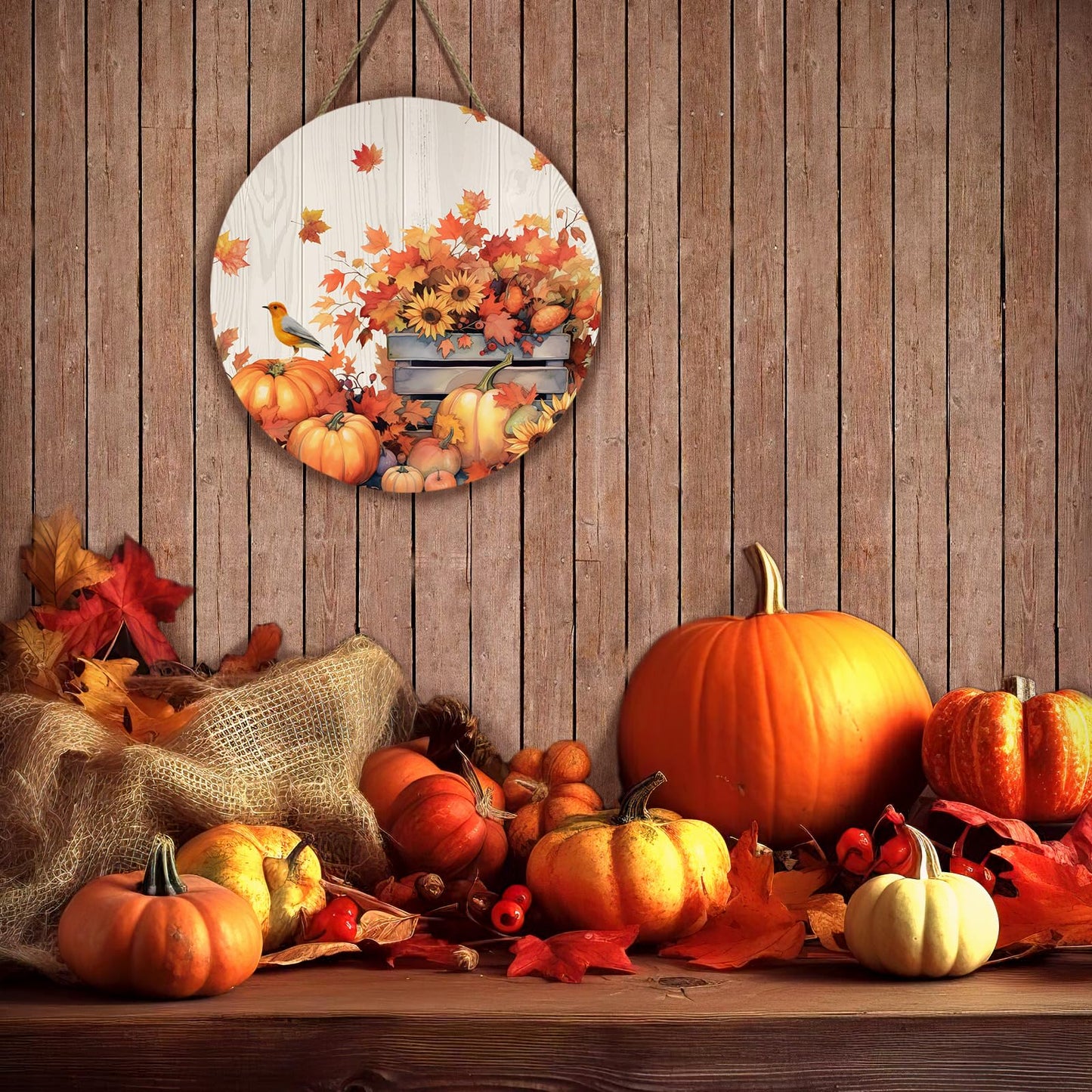 Dacawin Fall Door Sign Wooden Autumn Pumpkins Door Hanger Maple Leaf Sunflowers Bird Sign for Outdoor Porch Wall Fall Harvest Hanging Decorations