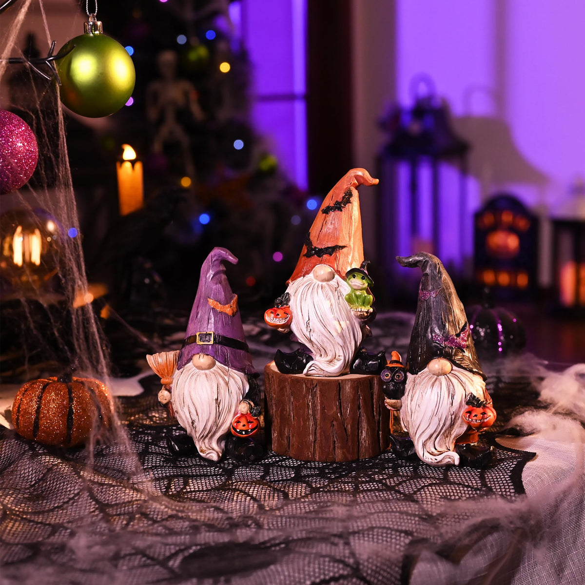 Valery Madelyn Gnomes Halloween Decorations Indoor, 3 Pcs Resin Gnome Decor for Home with Bat Witch Hat, Halloween Figurines Elf Dwarf with Broom Jack O Lantern for Table Tiered Tray Outdoor, 6.1"