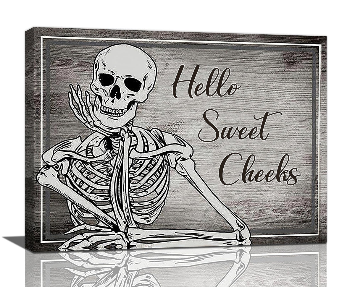 Bathroom Decor Wall Art Halloween Skeleton Canvas Prints Painting Gothic Skull Bathroom Pictures Framed Funny Weird Artwork for Toilet Restroom Washroom 16"x12"