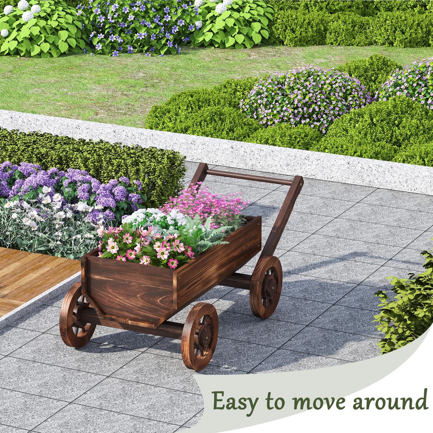 PULIJIAJU Wooden Wagon Garden Planter Cart with Wheels Rustic Flower Pot – Indoor Outdoor Patio Backyard Balcony Decor for Flowers and Plants（Large