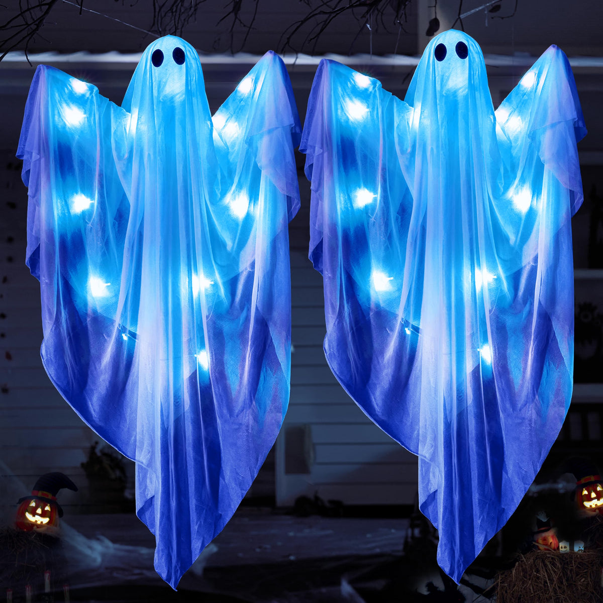 JOYIN 2 Pcs 47” Halloween Hanging Light up Ghost Decorations Outdoor, Halloween White Hanging Ghosts with Blue LED Lights and Timer for Haunted House Party Supplies Front Yard Patio Garden Decor