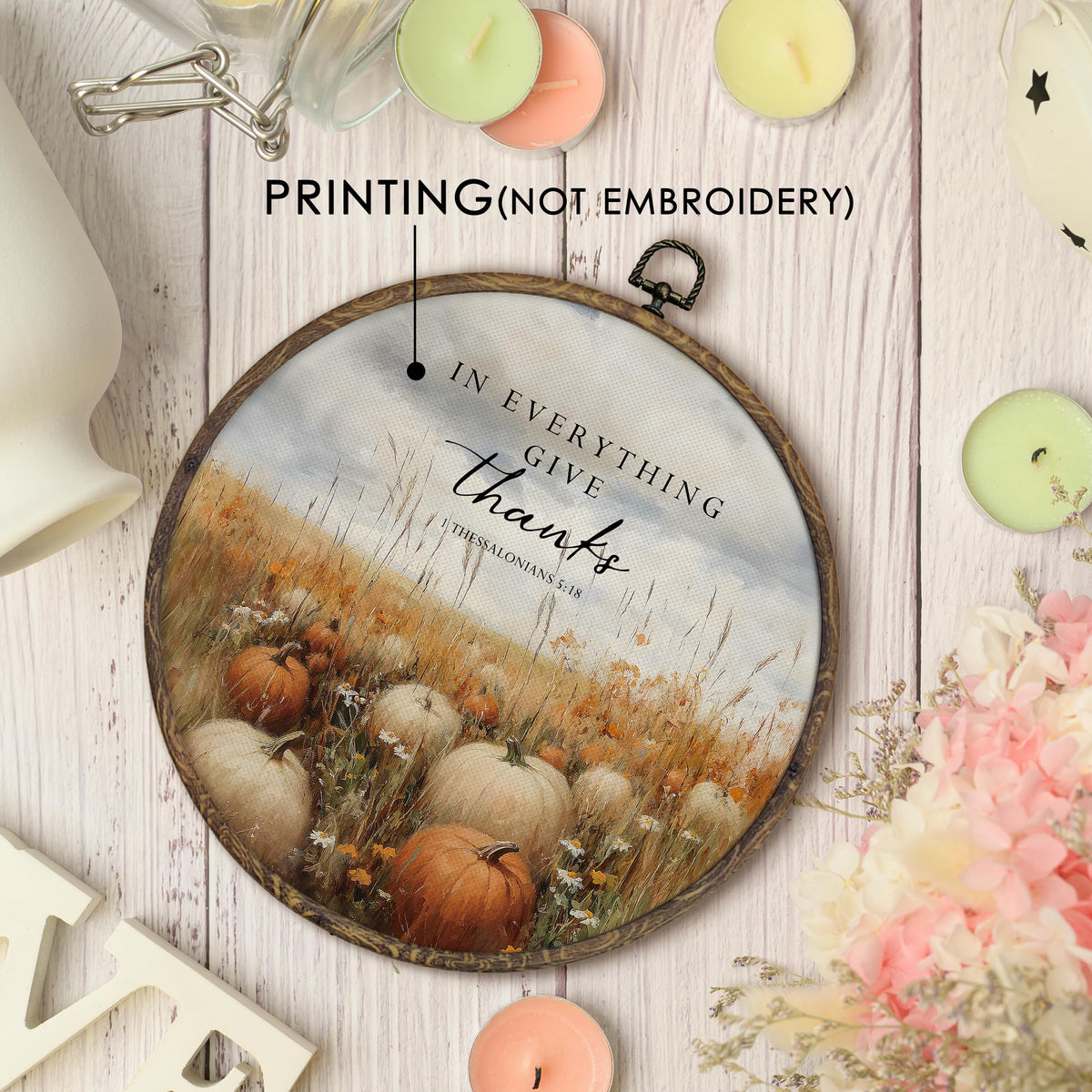 KFXHANGD Fall Christian Round Wall Art Framed, Fall Wall Decor, Autumn Pumpkin Canvas Art, In Everything Give Thanks Hanging Decor for Farmhouse Bedroom Bathroom Living Room, 10x10inch