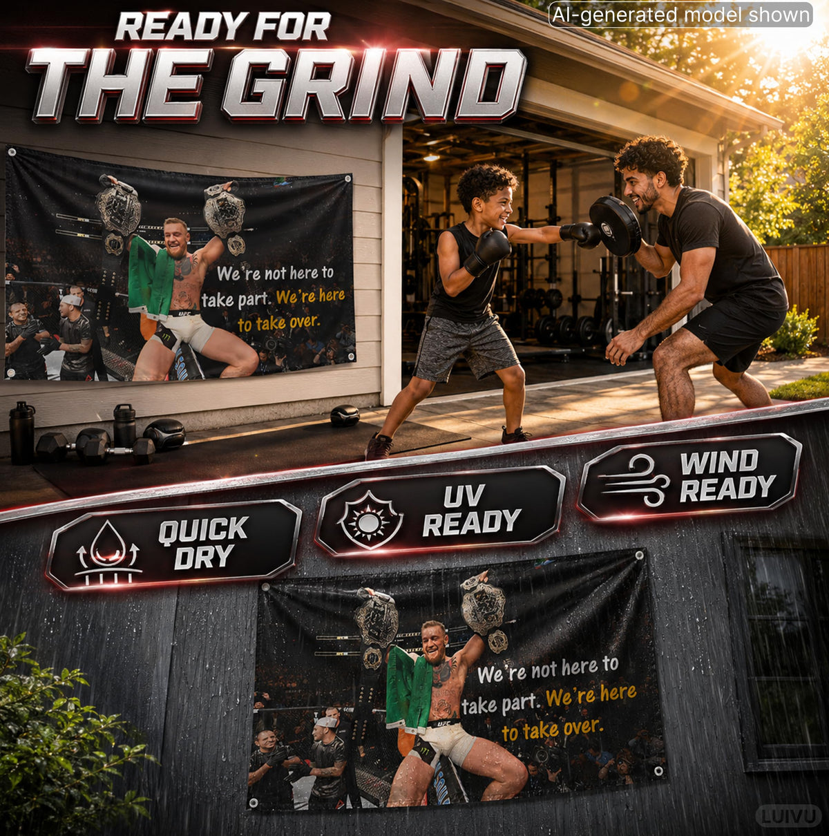 Set 4X Motiv Sports and Quote Polyester Flags 3x5 Ft with 4 and 2 Grommets - Muhammad Motivational Workout Single Sided Banner - Inspire Your Workout with this Banner - Boxing Inspirational Gym Flags