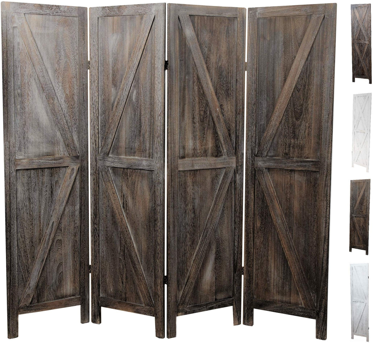Premium Home 4-Panel Room Divider – Rustic Brown Barn Door, K Pattern Folding Privacy Screen, Partition Wall