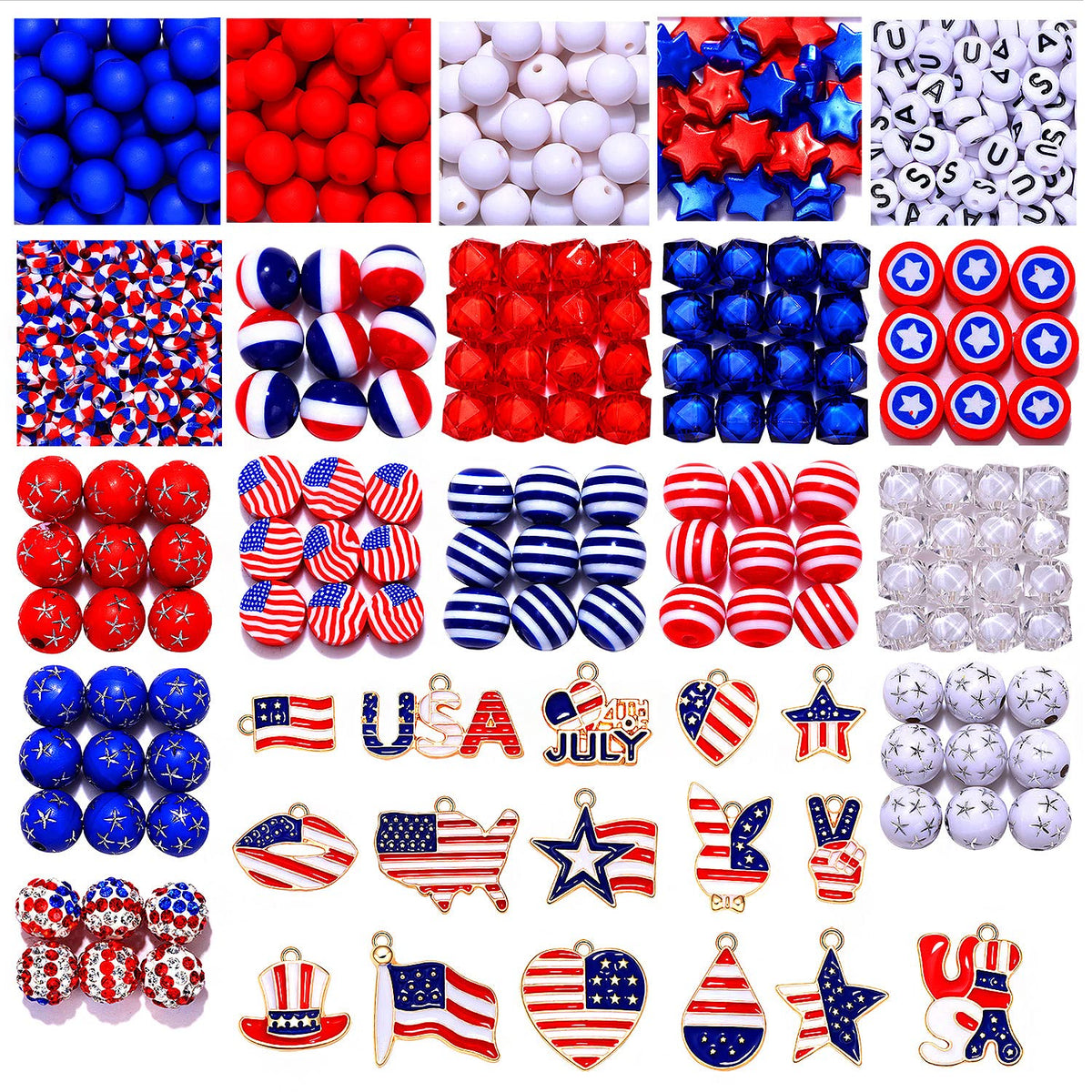 660PCS+ Patriotic Beads Charms for Jewelry Making American Flag Heart Star Charms 4th of July Acrylic Crystal Clay Star Loose Beads for DIY Necklace Bracelet Earrings (660PCS+ (Beads+Charms))