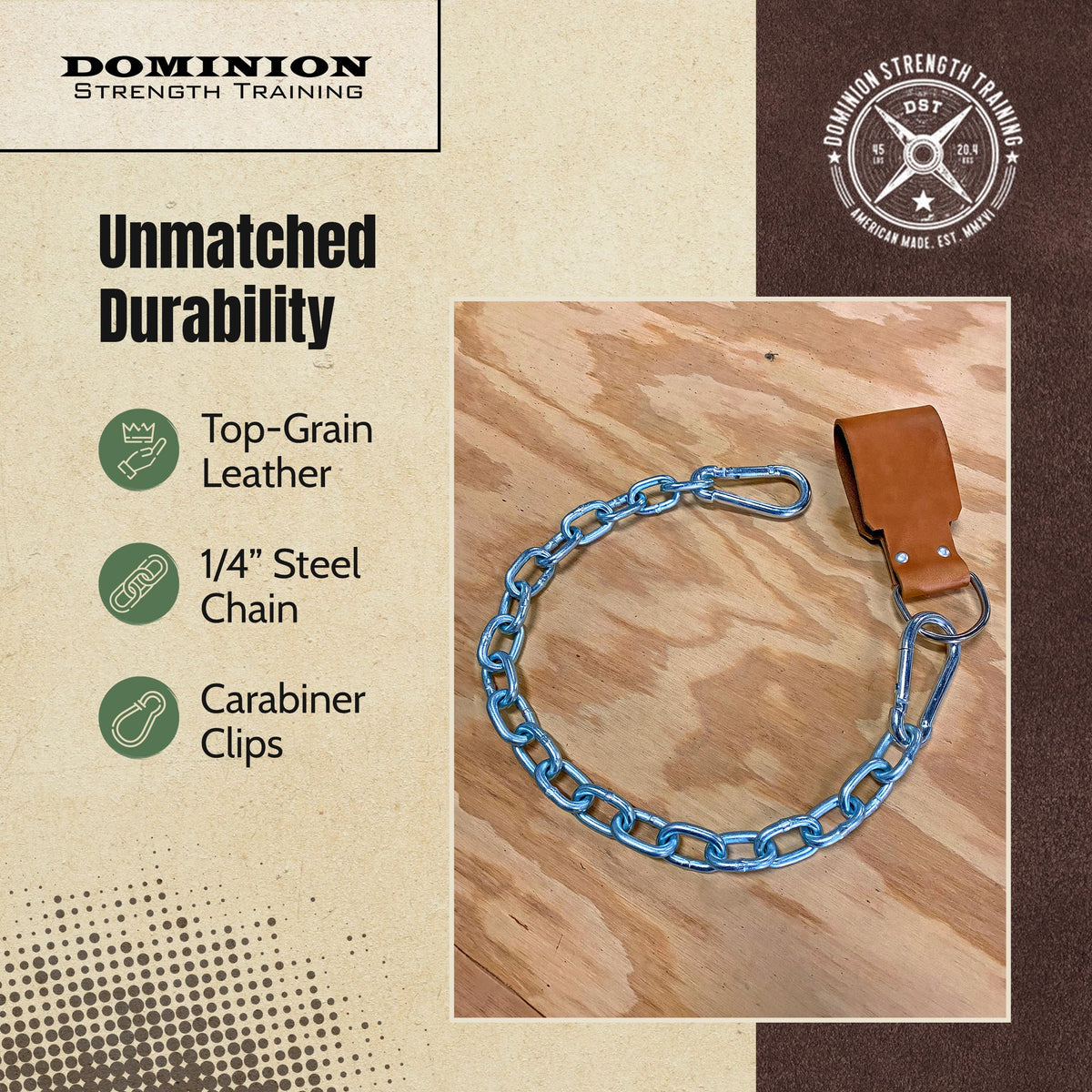 Leather Dip Belt Strap with Chain for Weight Lifting - For Weighted Dips and Pullups - Made in the USA