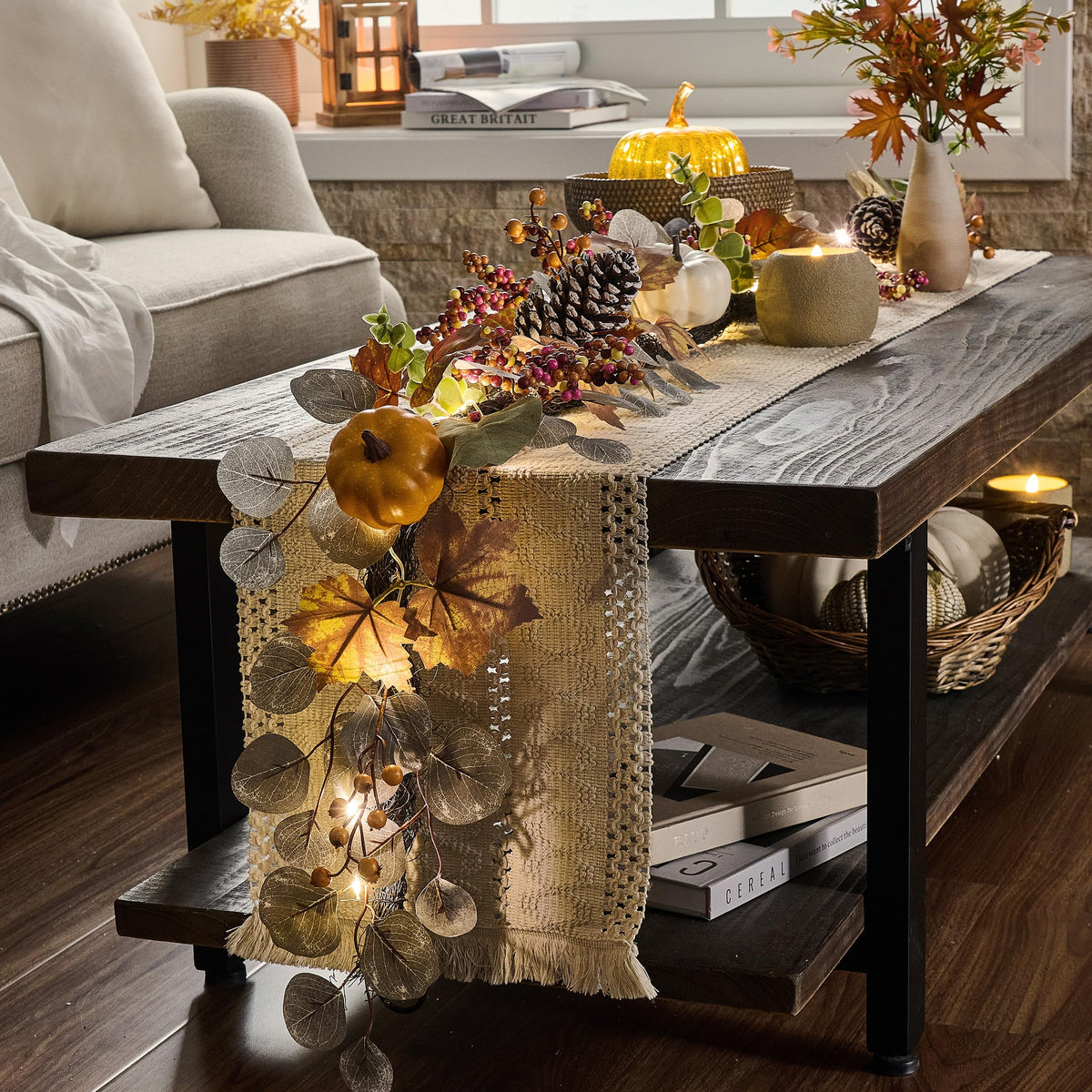 Valery Madelyn Fall Maple Leaves Garlands for Mantle, 6ft Halloween Garlands with Pumpkins Lights for Table Centerpiece, Thanksgiving Harvest Decorations for Home Mantle Fireplace Outdoor Decor-Brown