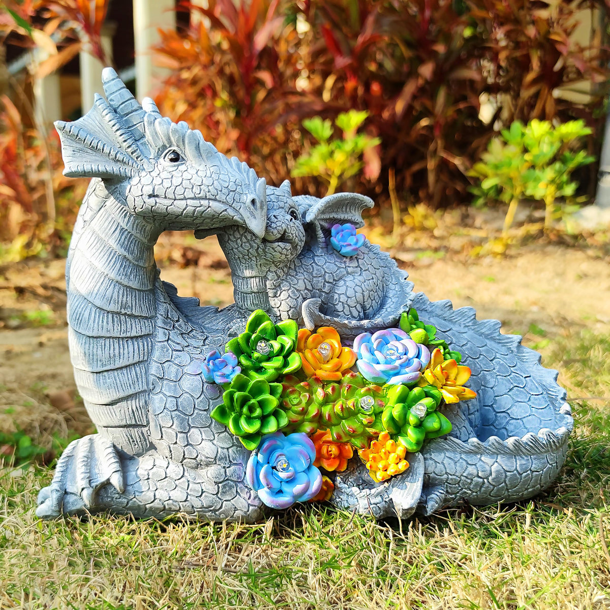 Yardancer Dragon Solar Garden Statues Outdoor Decoration with Succulent and 6 LED Lights,Dragon Figurine Solar Lights Lawn Décor,Outside Statue Ornament for Patio, Balcony, Yard,Unique Gift for Mom