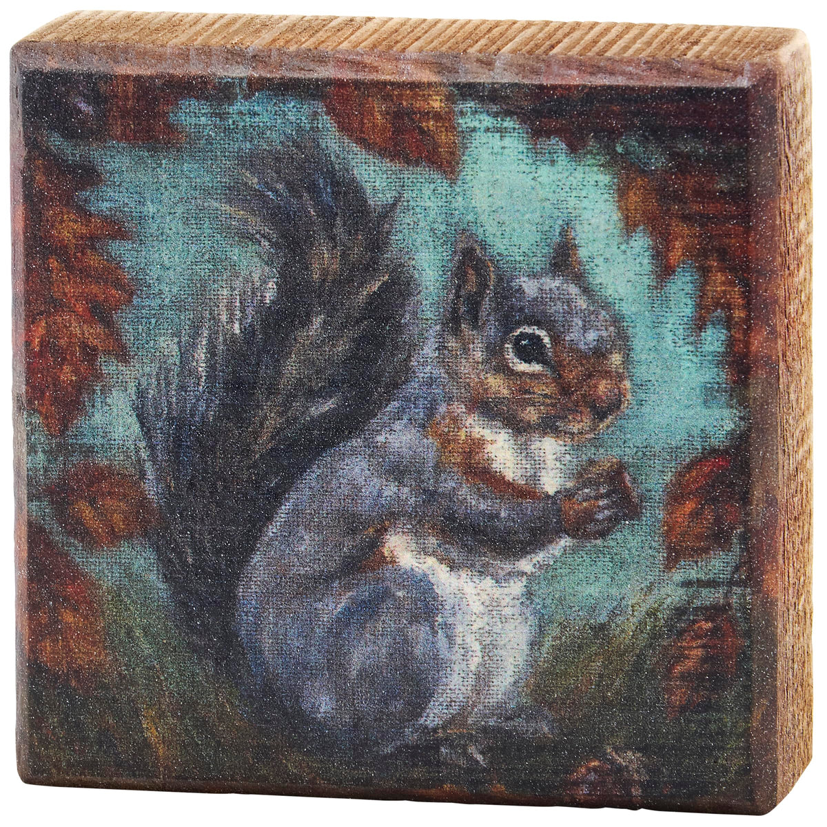 Primitives by Kathy Wooden Block Sign, 4-inch square, Curious Squirrel in hand painted fall scene with autumn leaves - Rustic home decor for Office, Den, Cabin - for wall, shelf or tabletop display