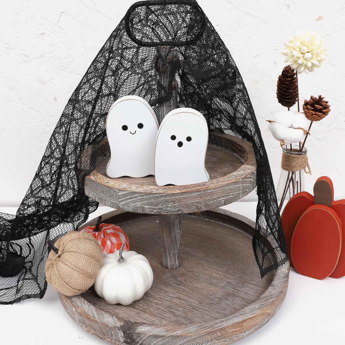 2 Pieces Halloween Decorations Wood Halloween Ghost Sign - Halloween Tiered Tray Decor, Distressed Wood Standing Ghost Sign for Halloween Party, Halloween Table Decor