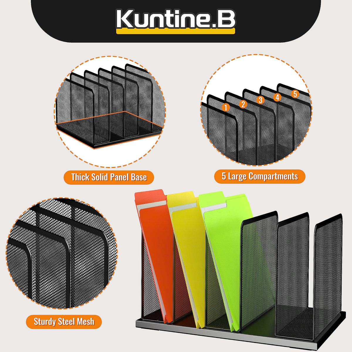 Kuntine.B Desk File Organizer Upright Mesh Desktop Organizer File Sorter Office Organization File Holder for Home, Office & Classroom (Black, 1 Pack 5-Section)