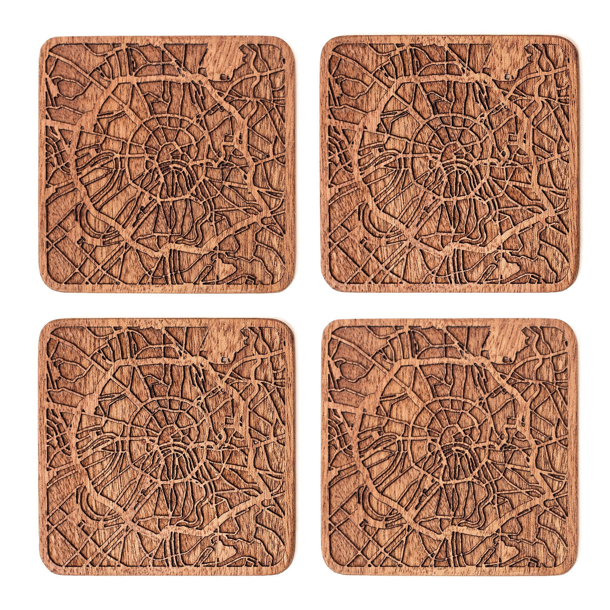 Moscow Map Coaster by O3 Design Studio, Set Of 4, Sapele Wooden Coaster With City Map, Handmade